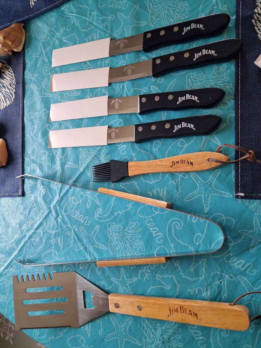 Jim Beam 7-Piece BBQ Grilling Tool Set in Black and Natural Wood